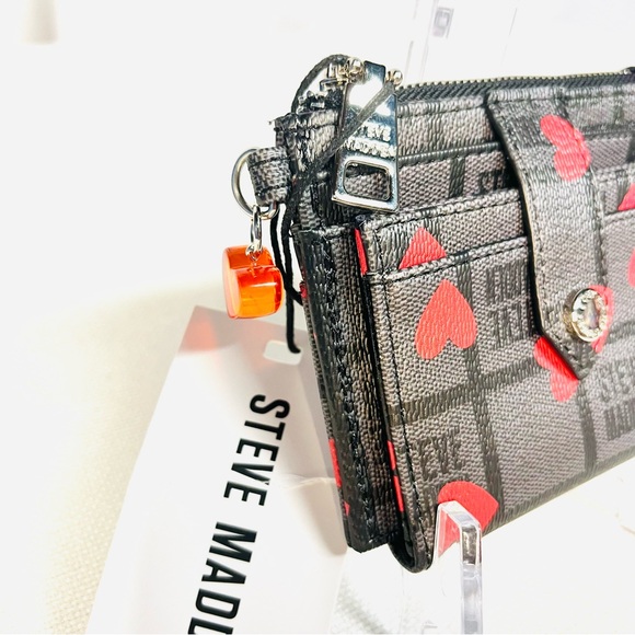 Steve Madden Gray and Black with Red Hearts Card Holder Coin Purse - New - Picture 4 of 8